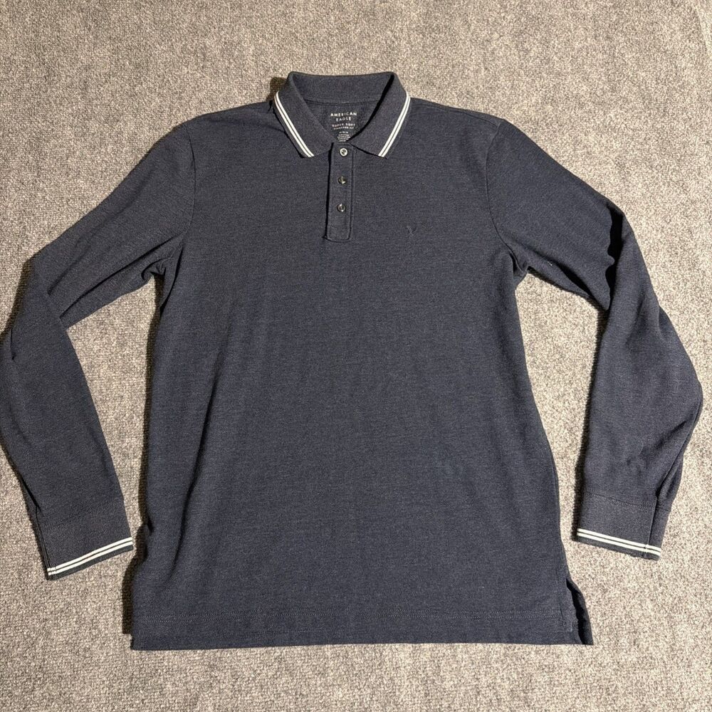 American Eagle Polo Shirt Mens Medium Blue Long Sleeve Pullover Super Soft
